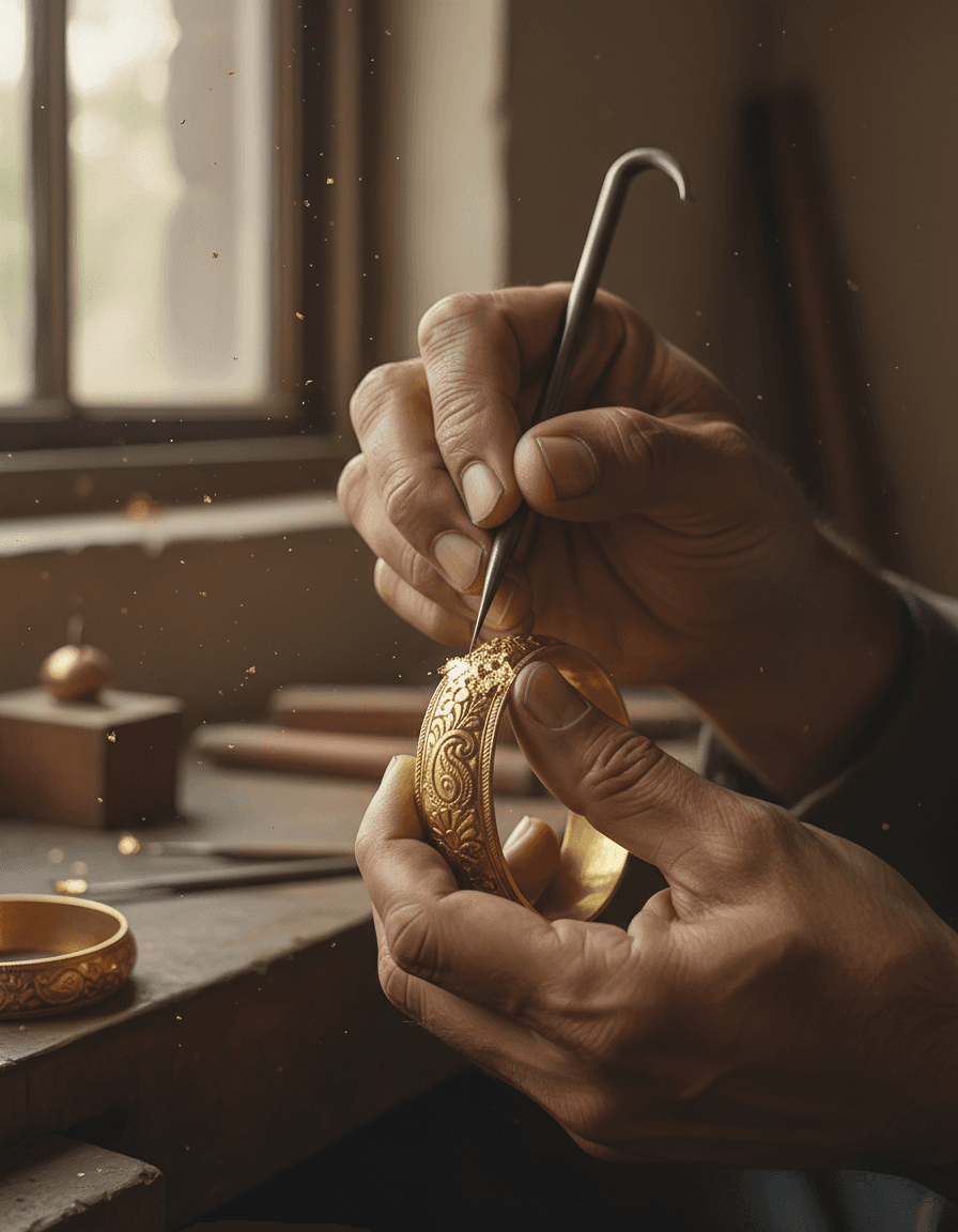 An artisan hand-engraving a gold bangle
